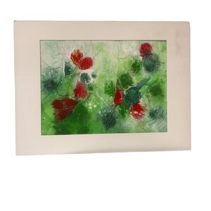 Watercolor ink picture December Reds III 16” x 12” winter art colorful greens